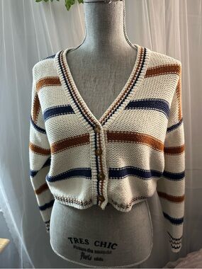 Charlotte Russe Cream Cropped Striped Cardigan with Navy & Brown